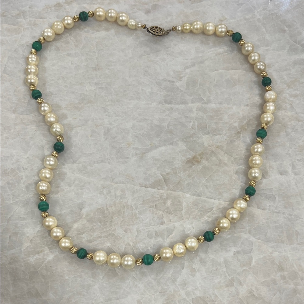 Cream Pearl Necklace with Green Beads and Gold Accents